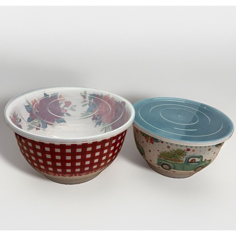Pioneer Woman Christmas Melamine Mixing Serving Bowls Set of 2 With Lids Truck